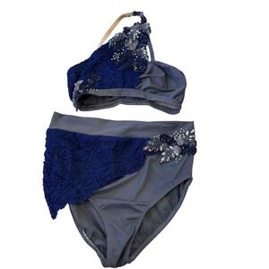 Handcrafted  Embellished Bling, Rose & Lace One Shoulder Two Piece Swimsuit SZ L